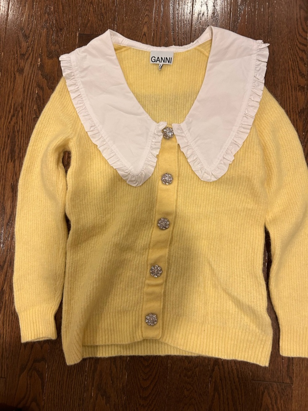 Ganni Yellow Knit V-Neck Cardigan with White Ruffled Collar